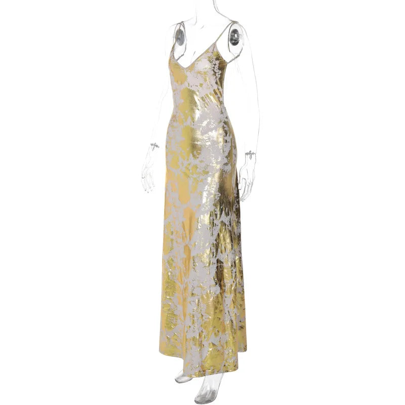 Elegant Gold Foil Bodycon Maxi Dress for Parties - Image 14