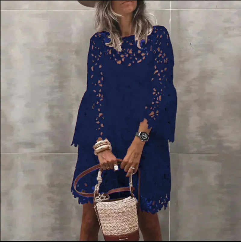 Elegant Long Sleeve Lace Dress with Floral Hollow Details - Image 11
