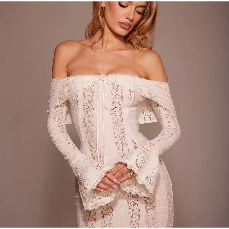 Elegant White Floral Lace Off-Shoulder Maxi Dress for Women - Image 35