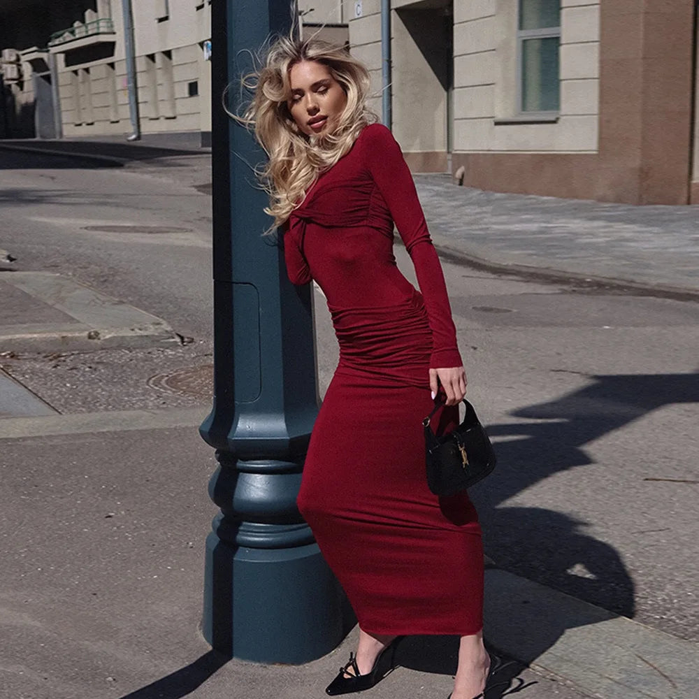 Elegant Pleated Long Sleeve Slim Fit Dress for Women - Image 13
