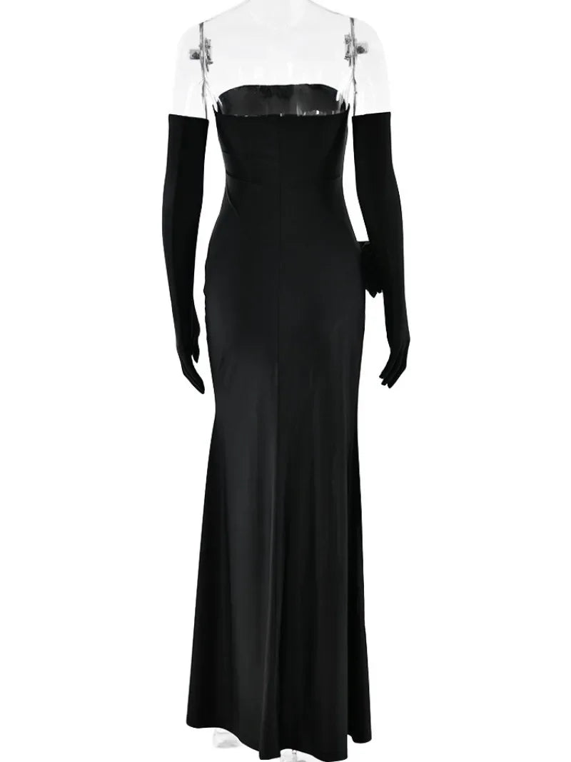 Elegant Strapless Maxi Dress with High Slit and Gloves - Image 7