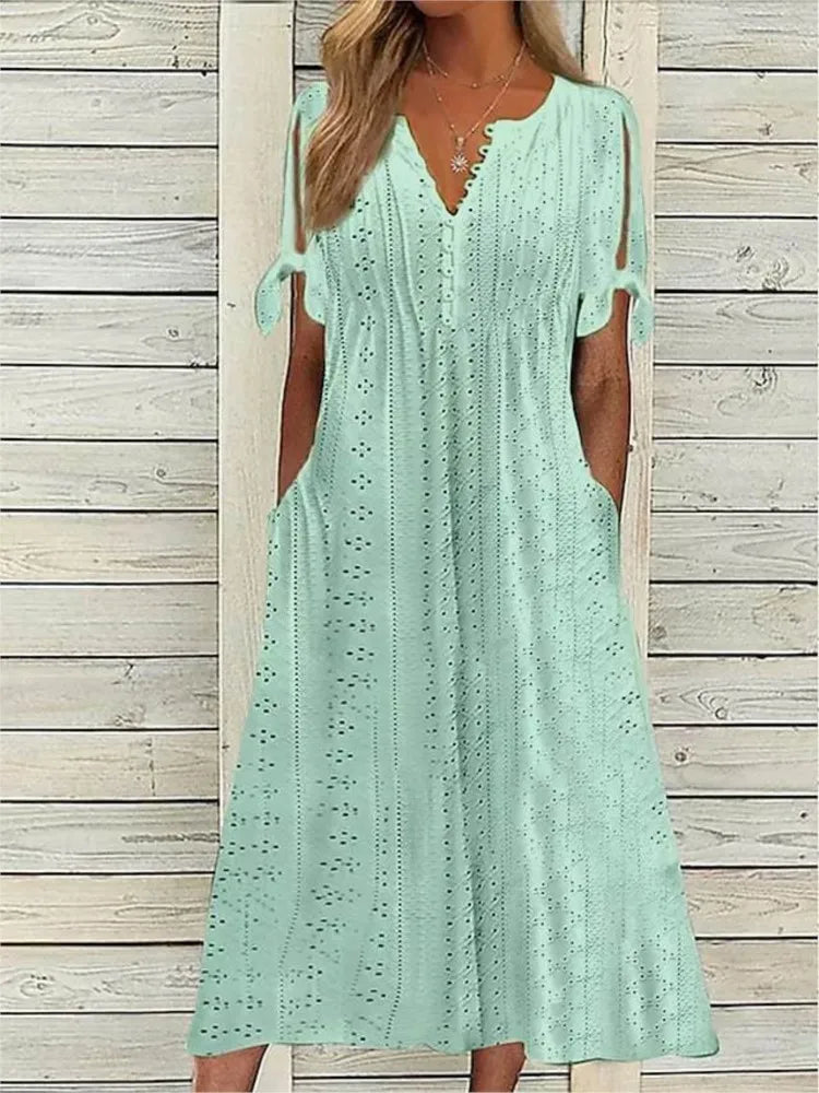 Summer Solid Color Women’s V Neck Lace Dress - Image 18