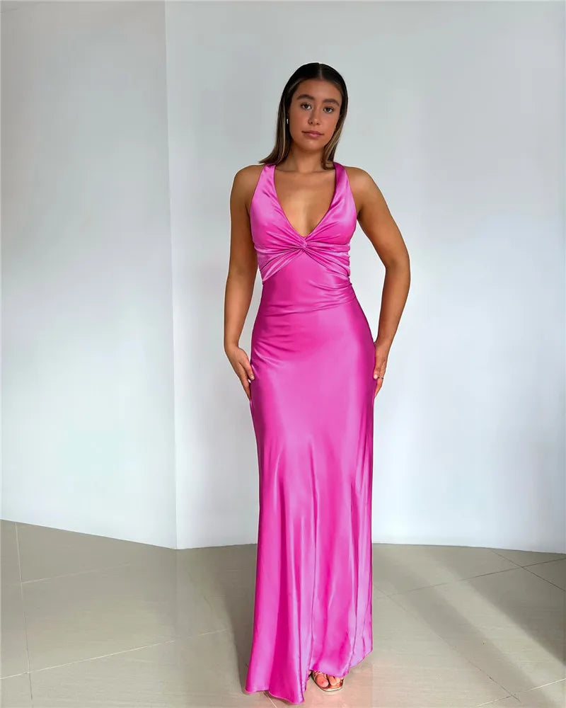 Satin Backless Maxi Dress - Elegant V Neck Evening Gown - Image 14