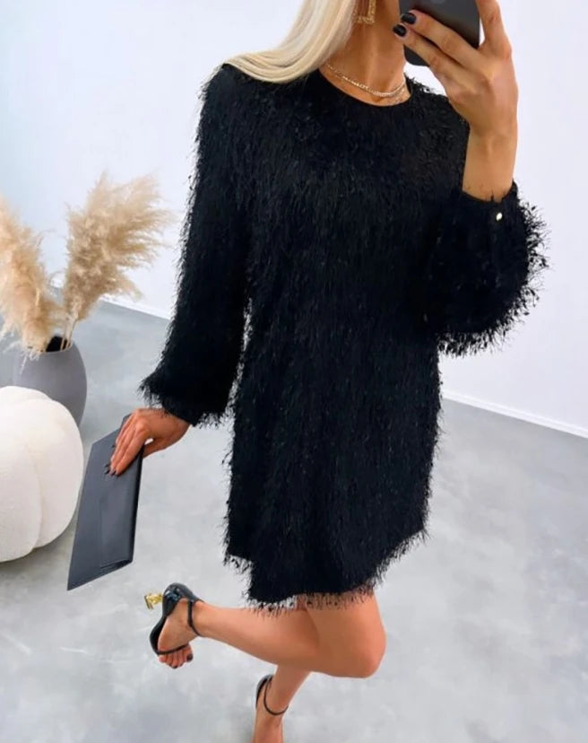 Chic Winter Women's Loose Fluffy Dress with Long Sleeves - Image 7
