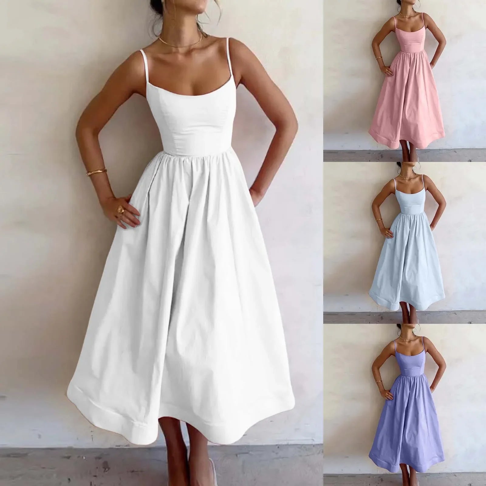 Elegant Pink Pleated Sleeveless Midi Dress for Women - Image 4