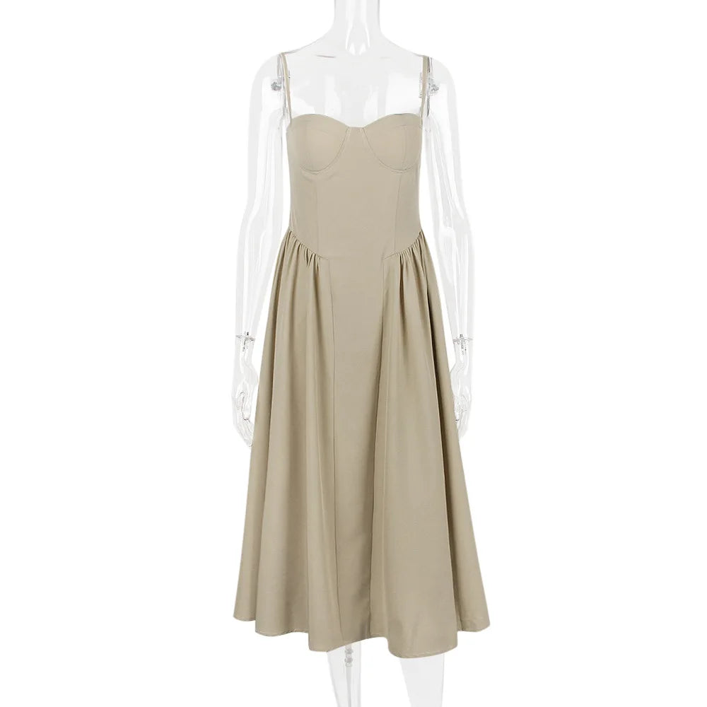 Elegant Sleeveless Midi Dress with Frill Hem & Corset - Image 25