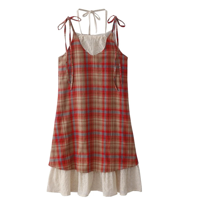 Japanese Vintage Beach Slip Dress with Lace Patchwork