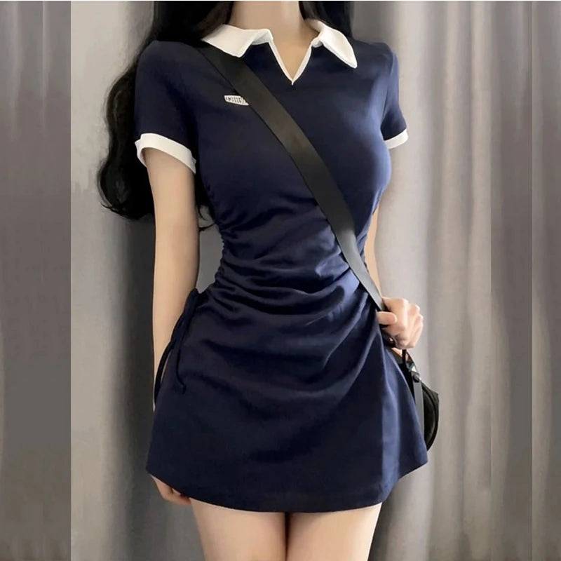 Trendy Summer Mini Dress with Drawstring and Collar