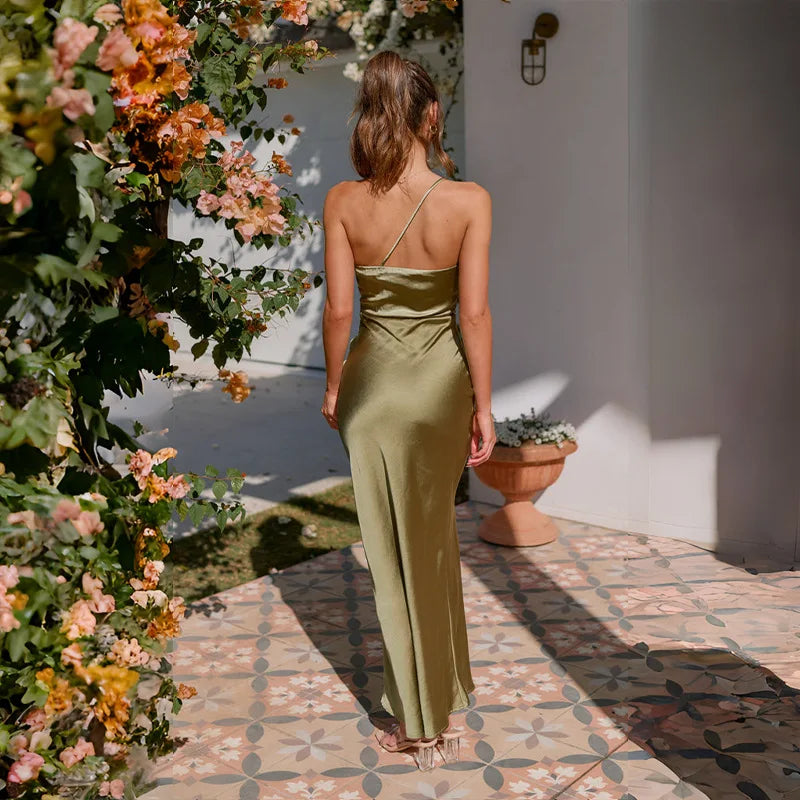 One Shoulder Olive Maxi Dress for Bridesmaids and Weddings - Image 3