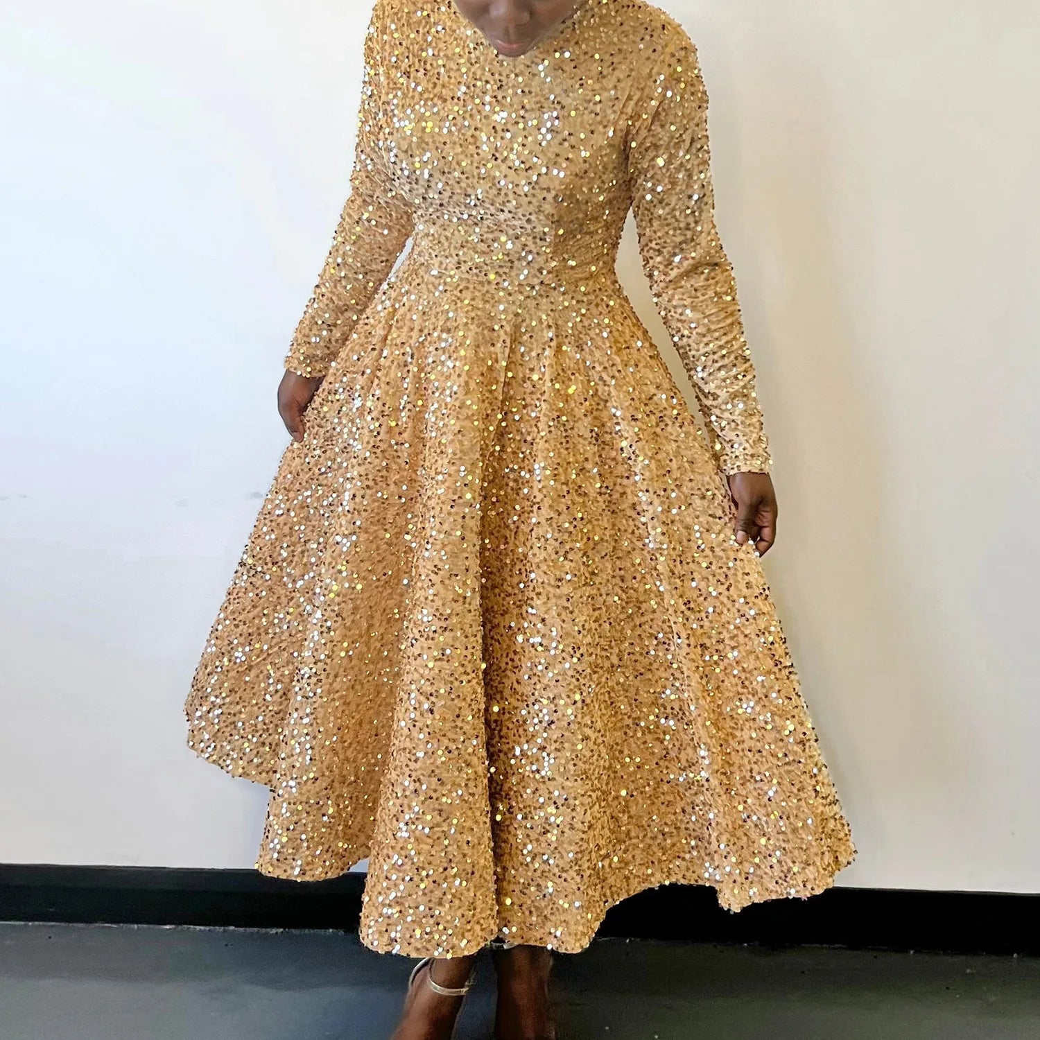 Chic High Waist Sequin Long Sleeve Autumn Dress