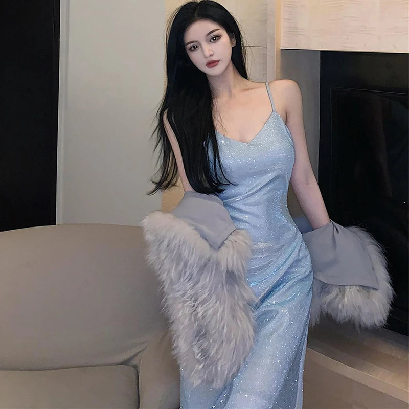 Elegant V-Neck Sparkly Spaghetti Strap Evening Dress - Image 23