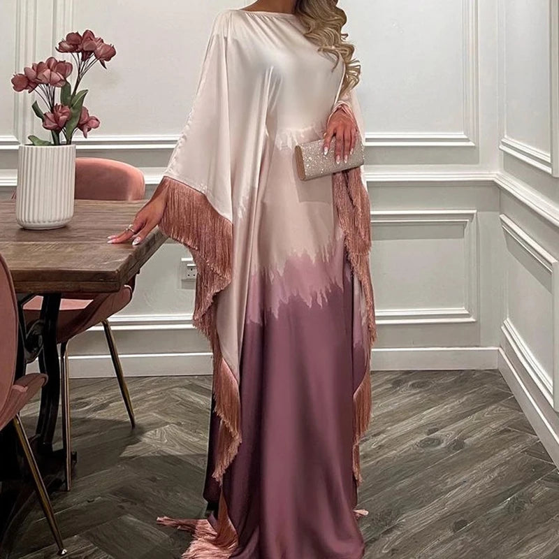 Elegant Gradient Print Tassel Batwing Sleeve Robe Dress - Image 3