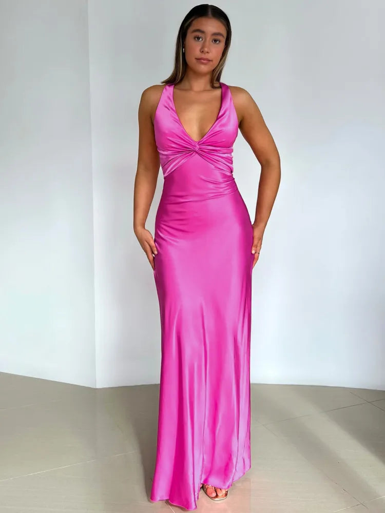 Elegant Satin Bodycon Dress with Deep V Backless Design - Image 8