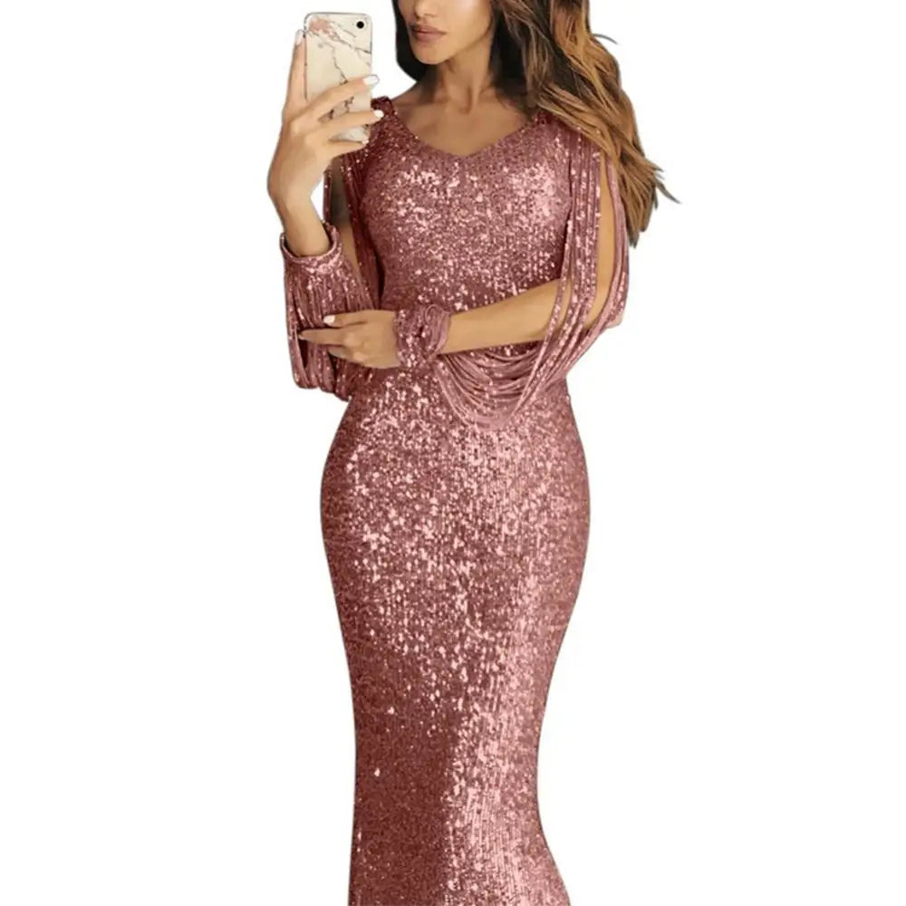 Chic Plus Size V-Neck Maxi Dress with Sequins & Tassels - Image 5