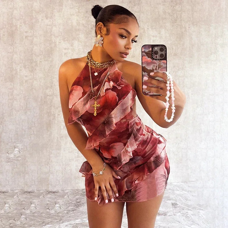 Floral Ruffle Mini Dress - Sexy Halter Backless Style - Image 17