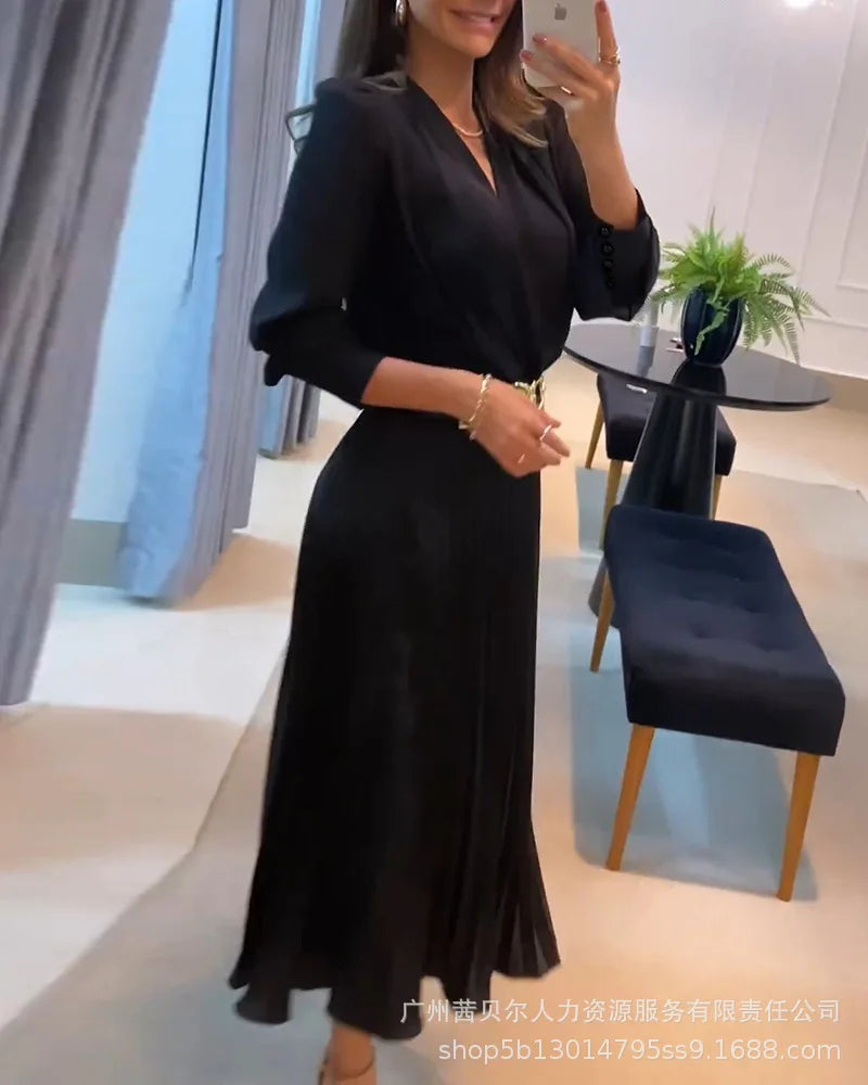 Elegant A-Line Mid-Length Pleated Dress with Lace Detail - Image 7