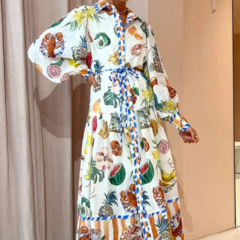 Elegant Women's V-Neck Lantern Sleeve Printed Dress - Image 15