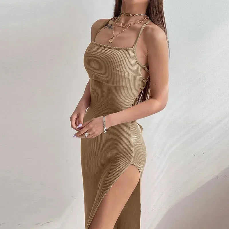 Summer Black Bodycon Halter Neck Dress with High Split - Image 18