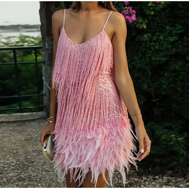 Elegant Mini Dress with Tassels and Sequins for Parties - Image 3