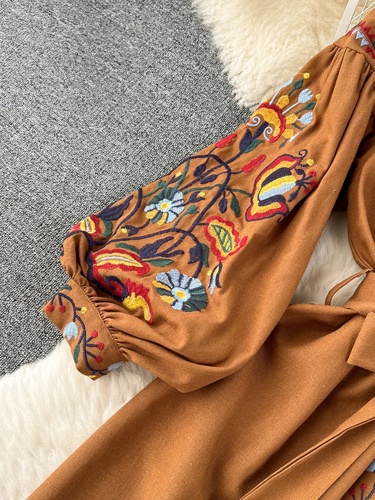 Vintage Ethnic Lantern Sleeve A-line Cotton Linen Dress - Image 12