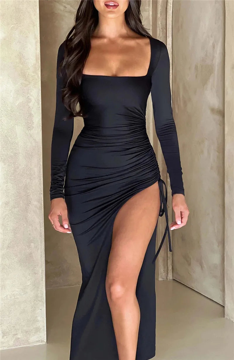 Elegant Long Sleeve High Split Maxi Dress for Women - Image 32