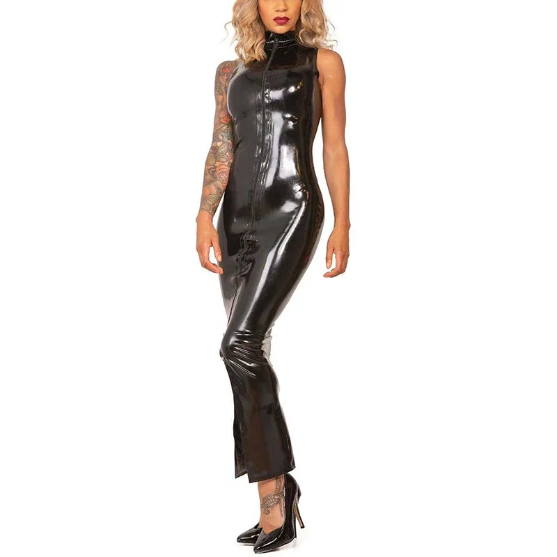 Women's Bodycon Leather Maxi Dress with Front Zip - Image 4