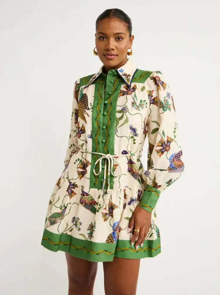 Floral Print Long-Sleeve Dress with Lace-Up Detail for Women - Image 10