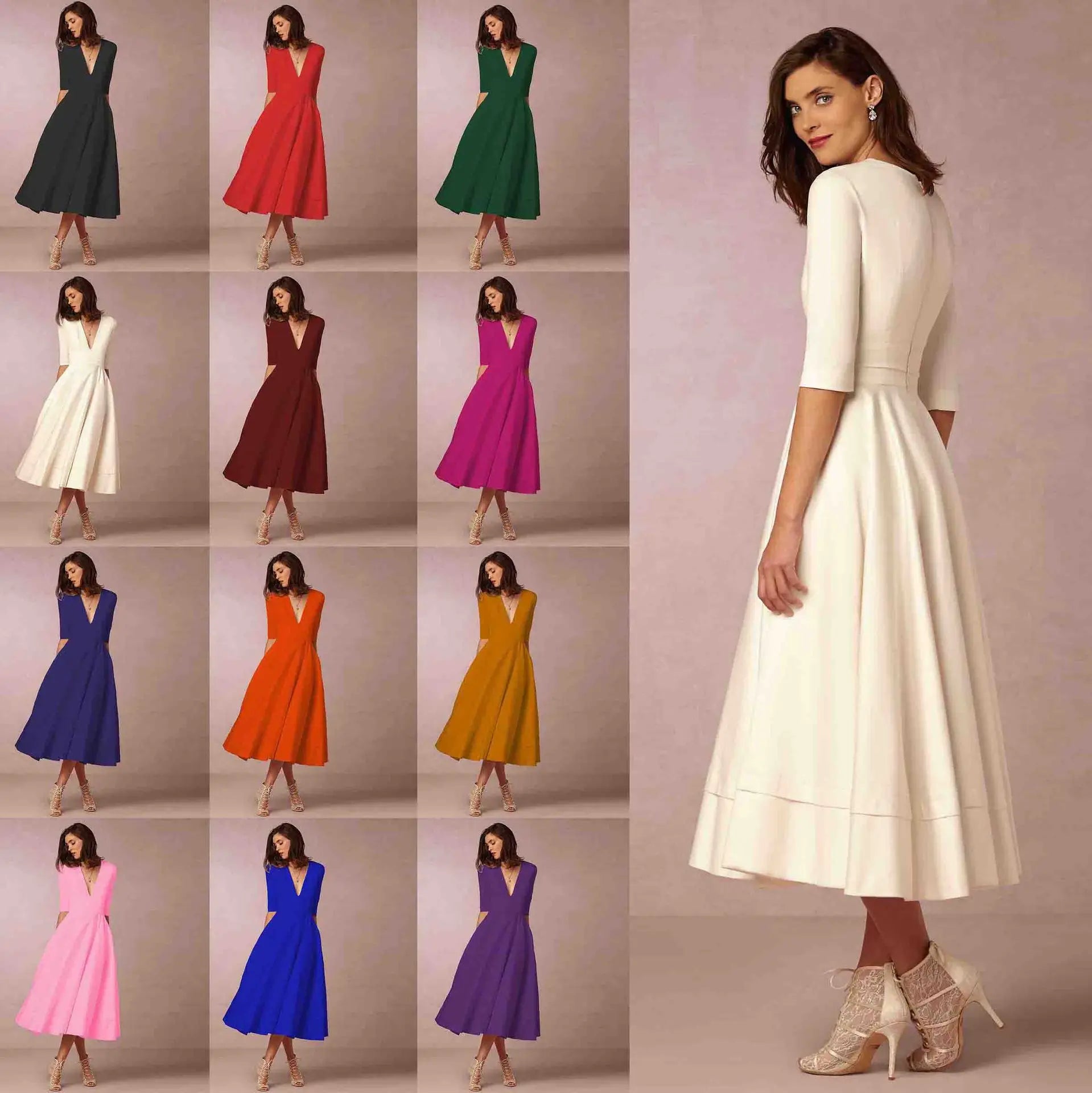 Elegant Solid Color A-line Evening Dress with Deep V-neck - Image 8