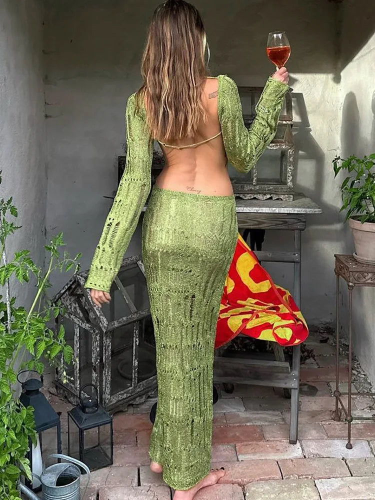 Chic Backless Knitted Maxi Dress for Fall Vacations