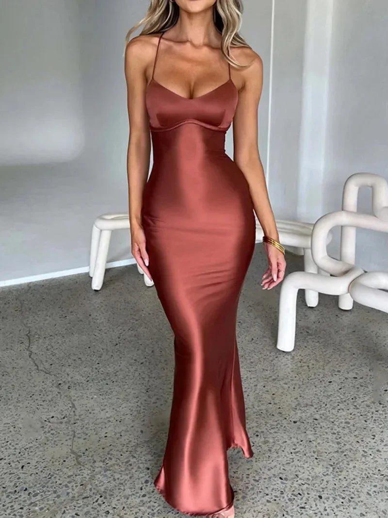 Elegant Backless Satin Spaghetti Strap Evening Dress - Pink - Image 5