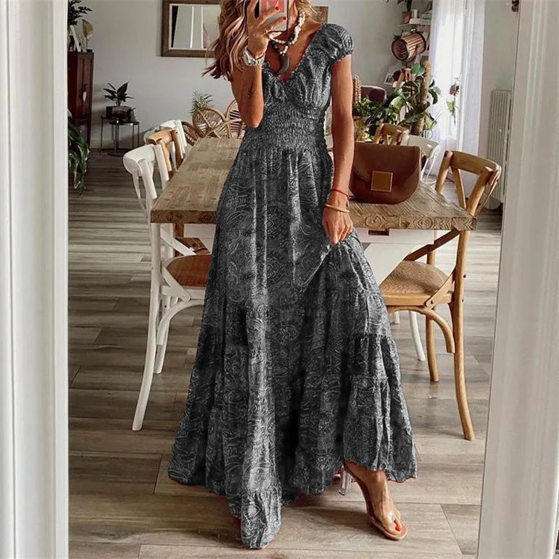 Floral Print A-line Bohemian Dress with Petal Sleeves - Image 16