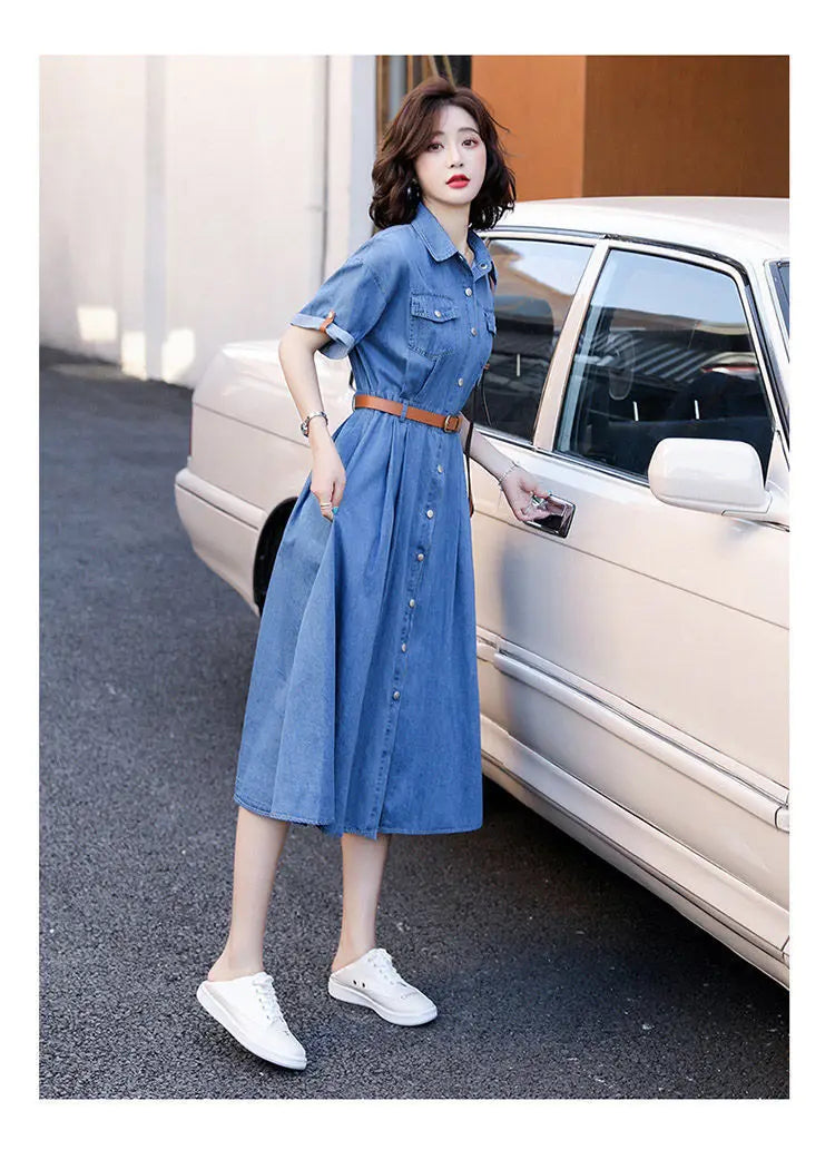 Vintage A-Line Denim Dress for Women with Belt - Image 14