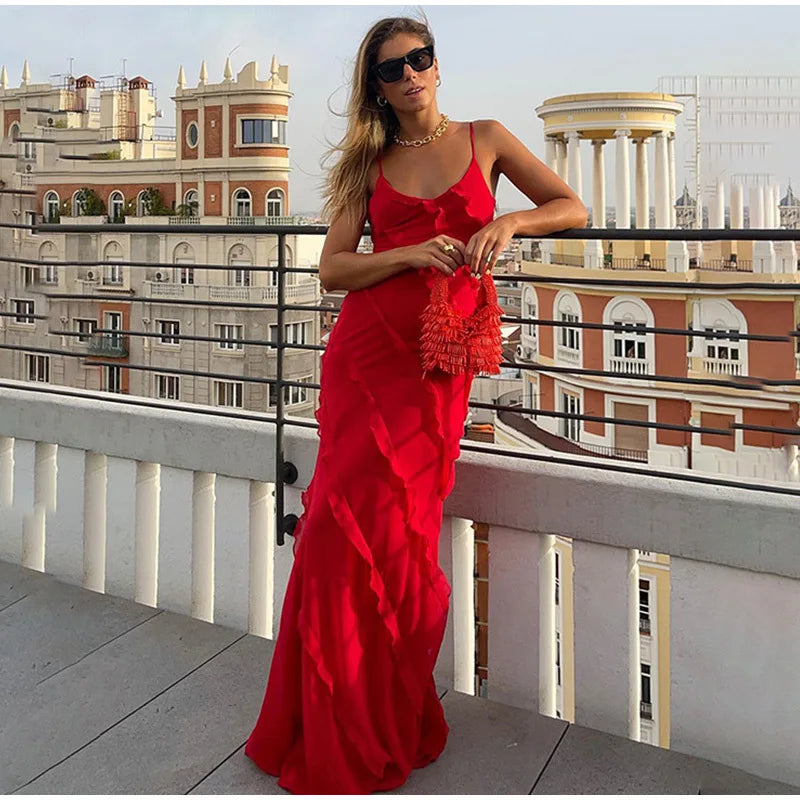 Elegant Red Chiffon Maxi Dress with Spaghetti Straps and Ruffles - Image 24