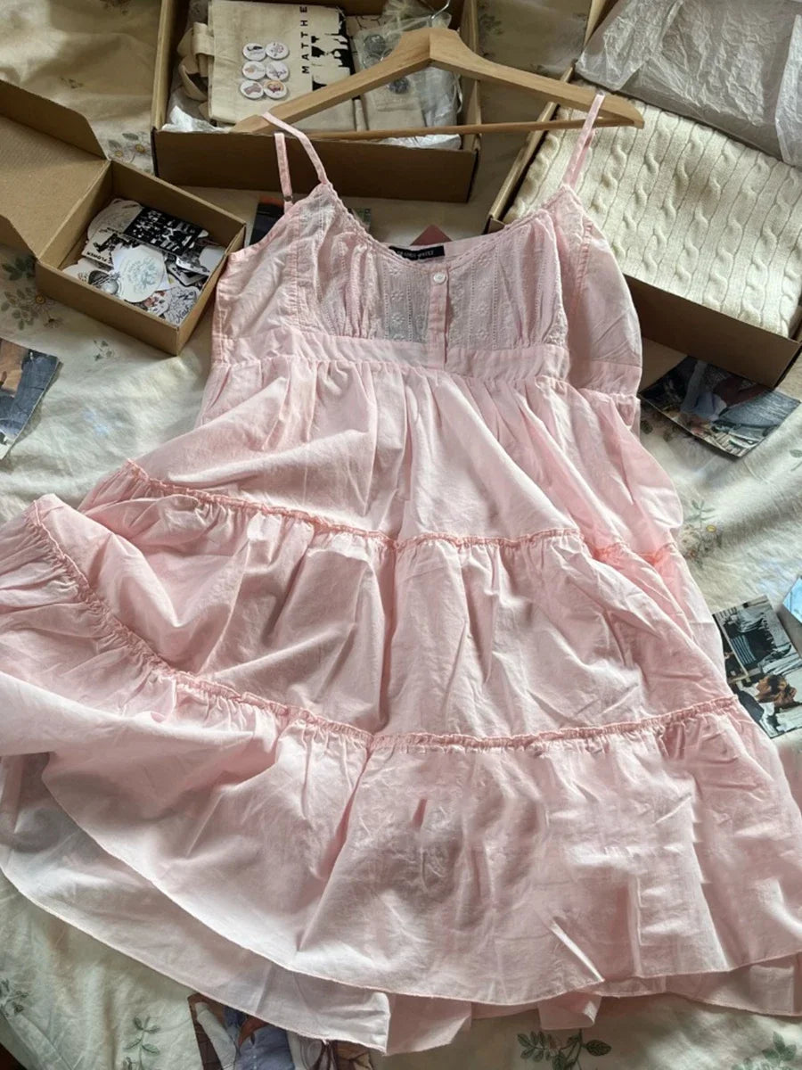 Floral Embroidery Pink Sleeveless Dress with Ruffles - Image 3