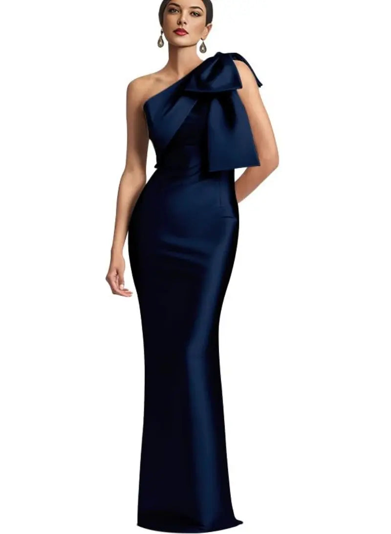 Elegant Satin Single Shoulder Evening Dress with Bow - Image 6