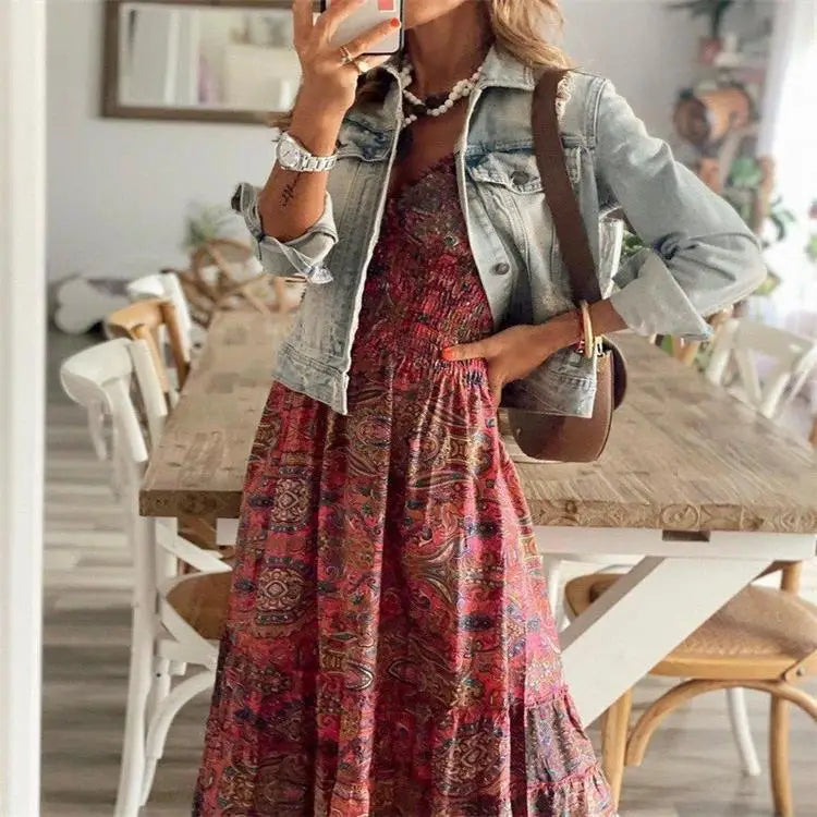Floral Print A-line Bohemian Dress with Petal Sleeves - Image 12