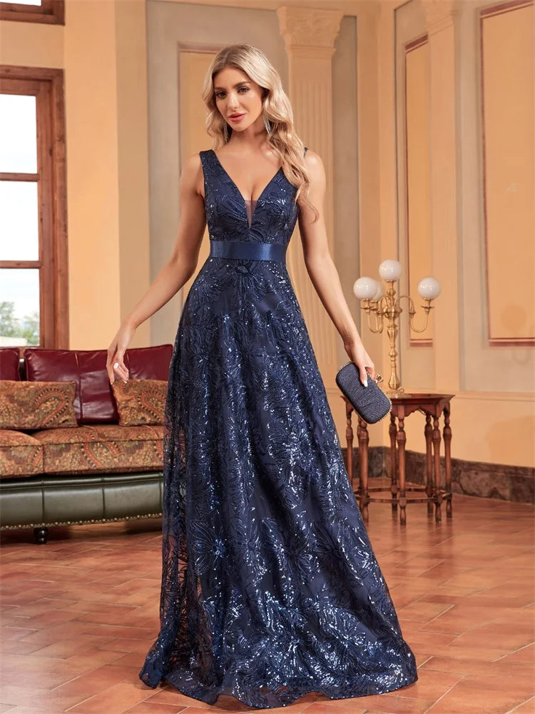 Elegant Deep V-Neck Sequined Blue Evening Dress for Events - Image 6