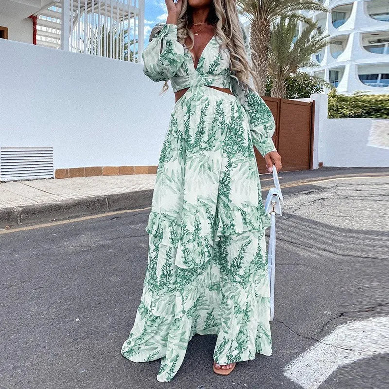 Elegant Long Dress with Deep V-Neck and Ruffles - Image 4