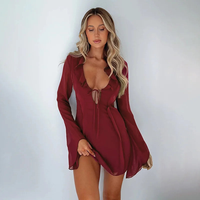 Summer V-Neck Mesh Bandage Mini Dress with Ruffles - Image 11