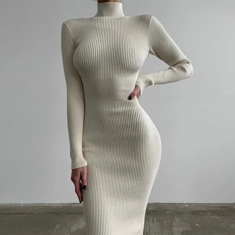 Elegant Autumn Long Sleeve Knitted Turtleneck Midi Dress - Image 5