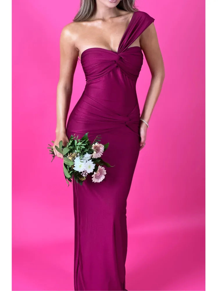 Elegant Sleeveless Single Strap Pleated Maxi Evening Dress