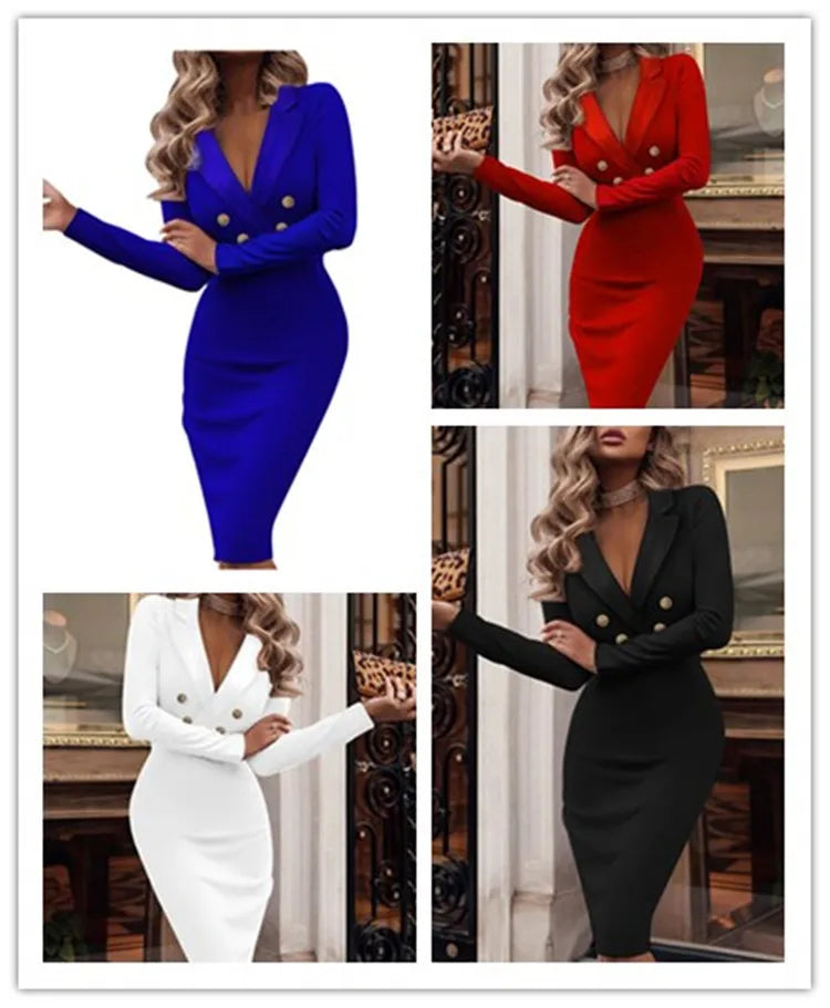 Elegant V-Neck Double Breasted Bodycon Dress for Women - Image 8