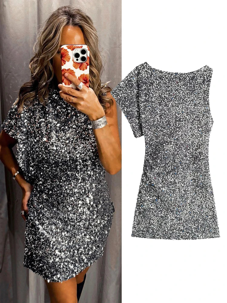 Elegant Vintage Sequined Asymmetric Sleeve Slim Dress