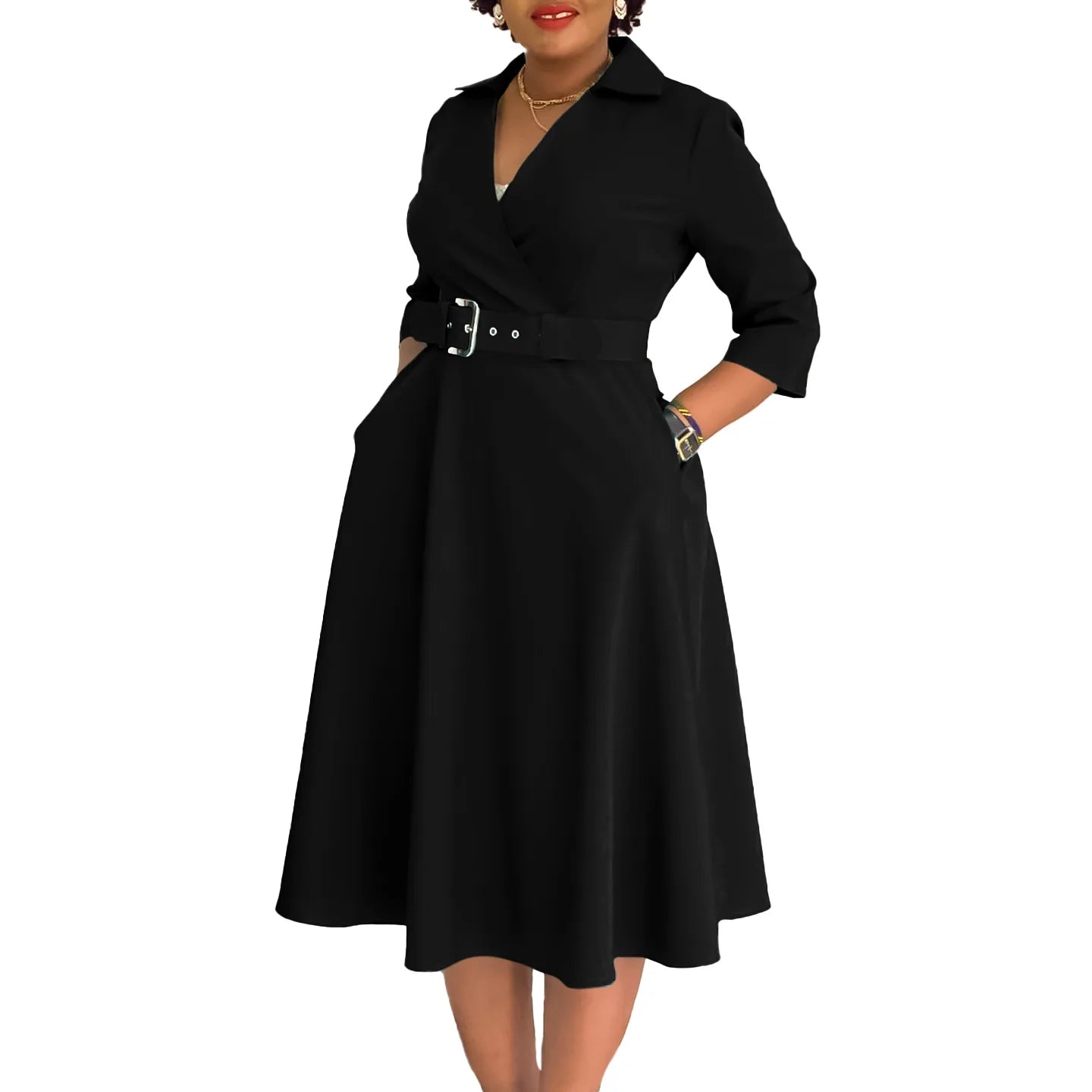 Chic Women's Autumn Lapel Solid Color Swing Dress - Image 60