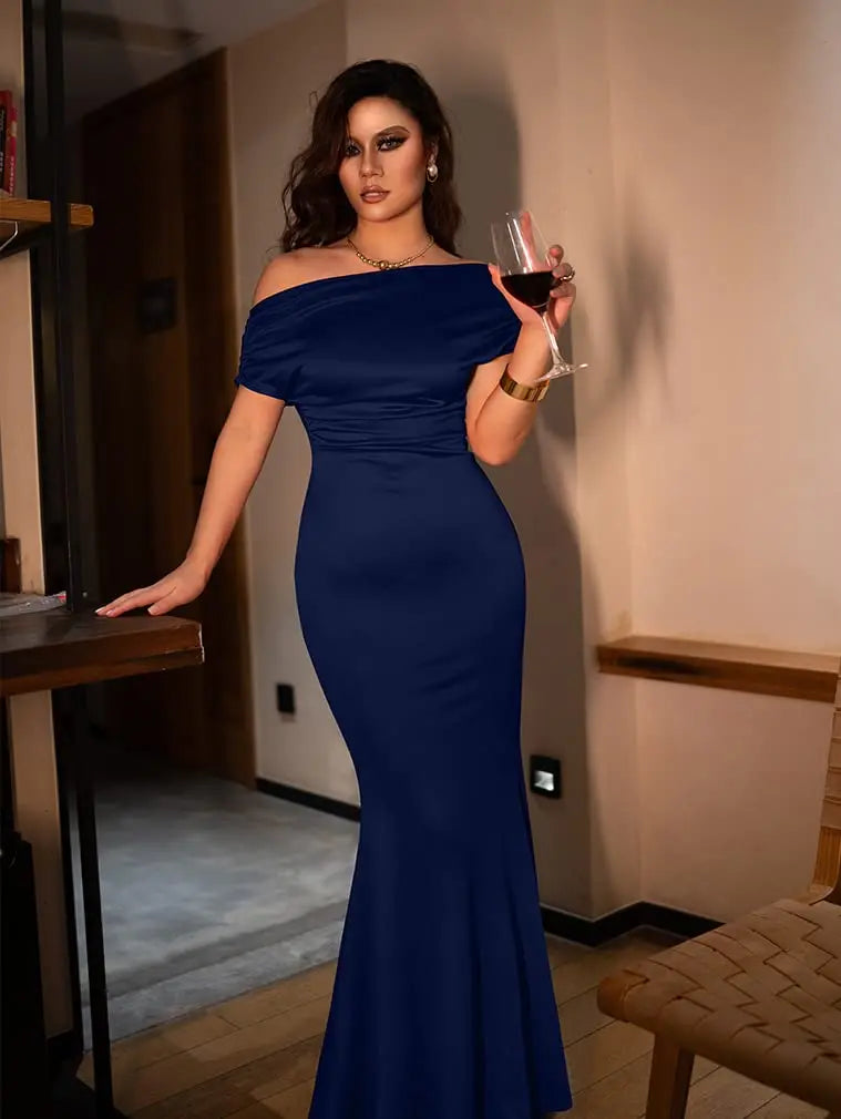 Elegant Pleated Oblique Shoulder Maxi Dress for Women - Image 27