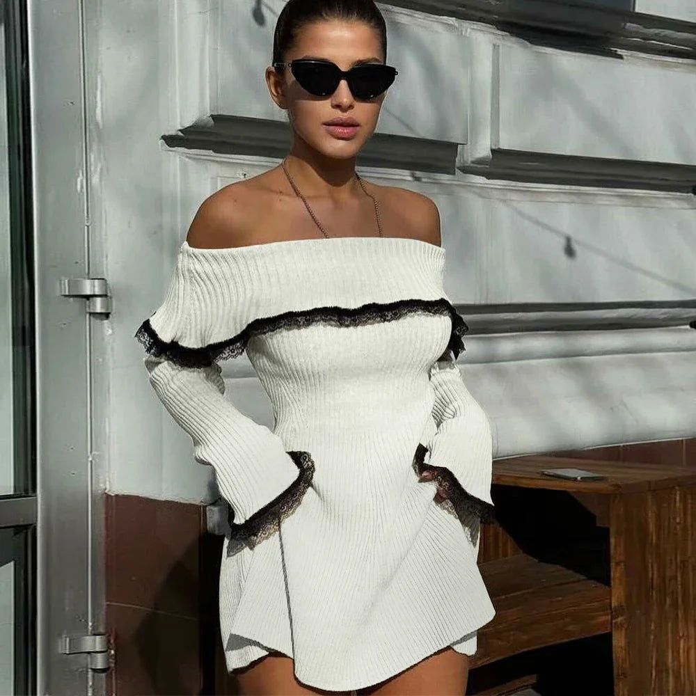Elegant Off-Shoulder Knitted Sweater Dress for Women