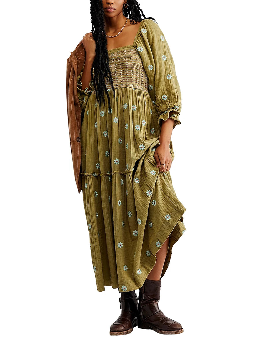 Bohemian Flower Embroidered Tiered Long Dress for Summer - Image 20