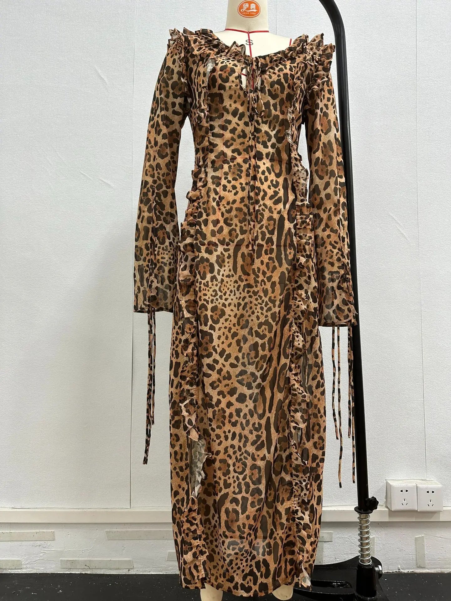 Leopard Print Ruffle Chiffon Beach Dress for Women - Image 8