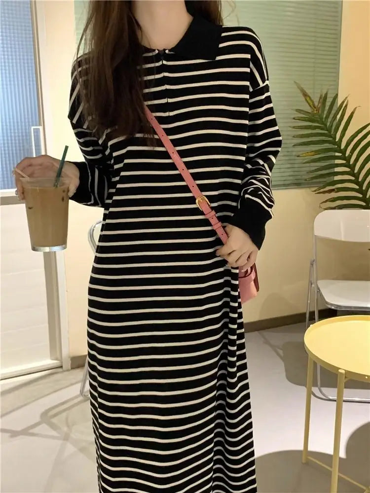 Women's Black Striped Polo Collar Midi Dress - Casual & Flattering - Image 21