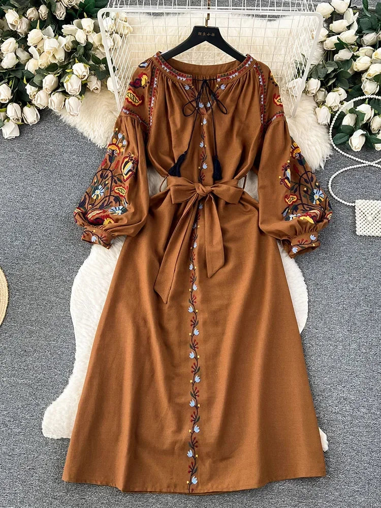 Vintage Ethnic Lantern Sleeve A-line Cotton Linen Dress - Image 6
